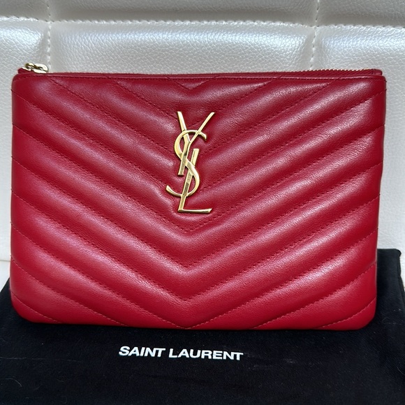 Saint Laurent Red Calfskin Matelasse Chevron Monogram pouch clutch bag - Picture 13 of 13